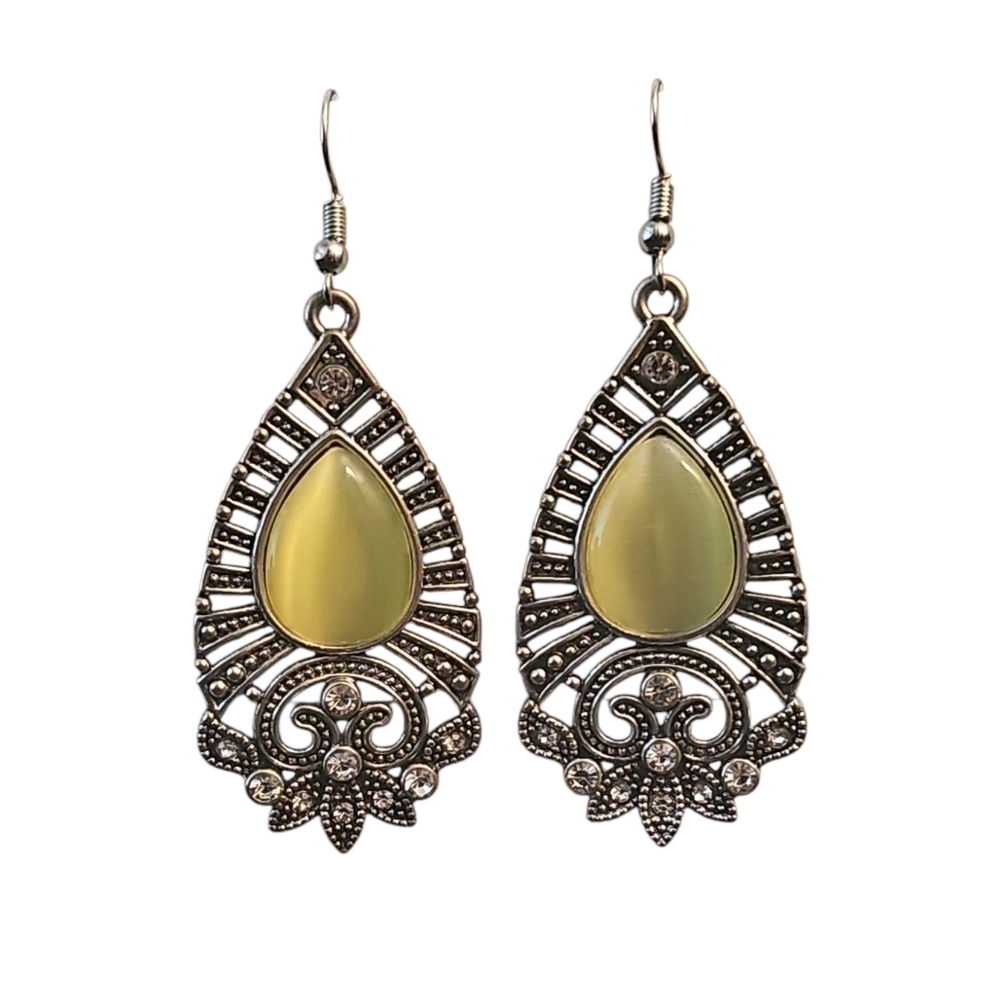 Ornate Yellow Cat's Rye and Silver Teardrop Earrings with Filigree - Picture 4 of 4